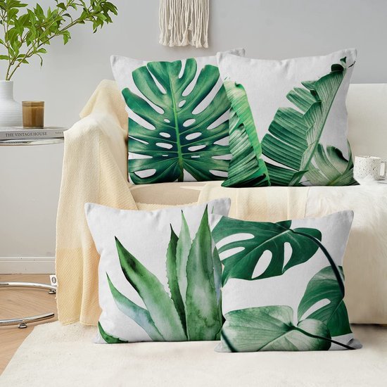 Unyqoos® Set van 4 decoratieve kussenslopen met tropische plantenprint voor binnen en buiten