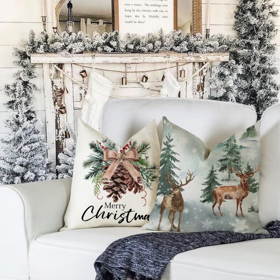 Unyqoos® Set van 4 decoratieve kussenslopen voor kerst in linnenmix 45 x 45 cm