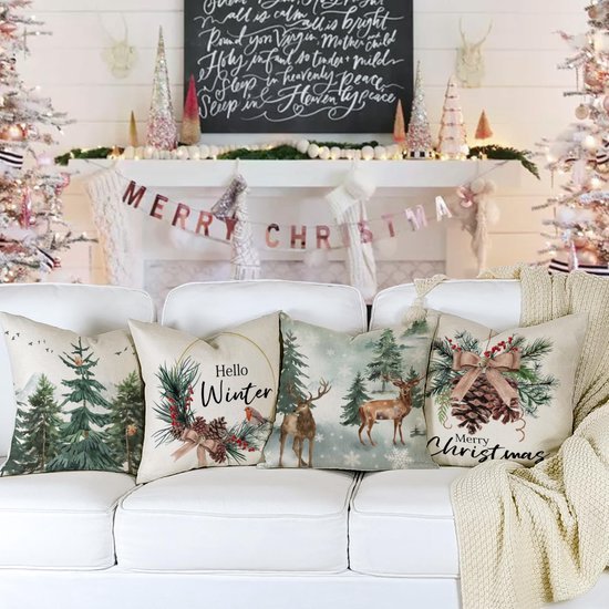 Unyqoos® Set van 4 decoratieve kussenslopen voor kerst in linnenmix 45 x 45 cm