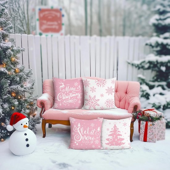 Unyqoos® Set van vier feestelijke roze kussenhoezen met winterse prints voor huisdecoratie