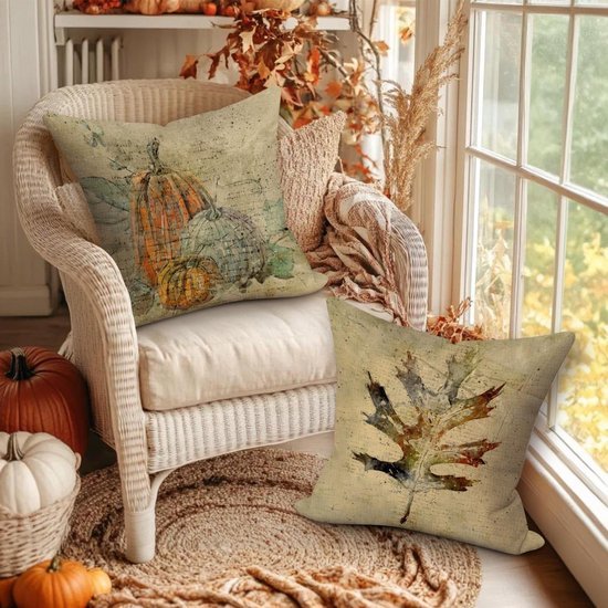 Unyqoos® Set van 4 decoratieve herfstkussenslopen met pompoen en esdoornbladeren