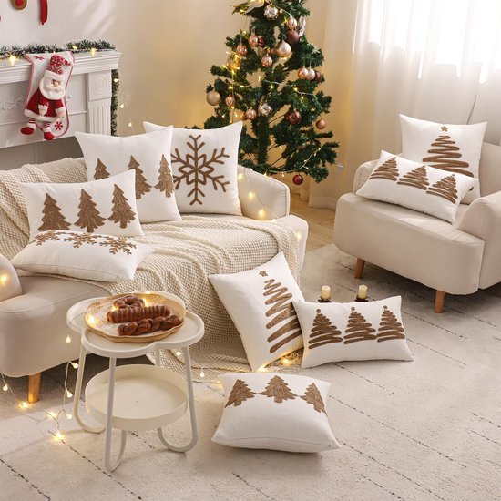 Unyqoos® Set van 2 winterse kussenhoezen met kerstmotief en borduurwerk