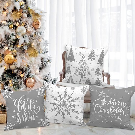 Unyqoos® Set van vier decoratieve kussenhoezen met sneeuwvlokkenmotief voor kerst