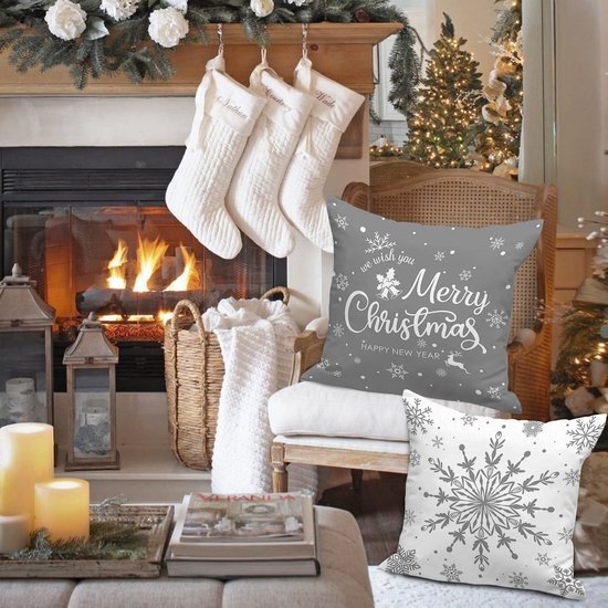 Unyqoos® Set van vier decoratieve kussenhoezen met sneeuwvlokkenmotief voor kerst