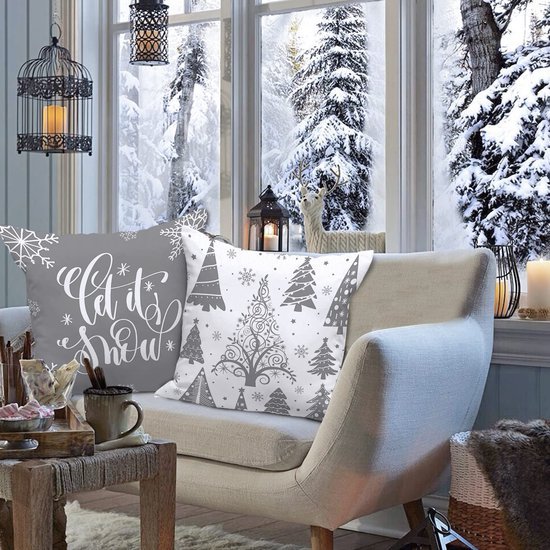 Unyqoos® Set van vier decoratieve kussenhoezen met sneeuwvlokkenmotief voor kerst