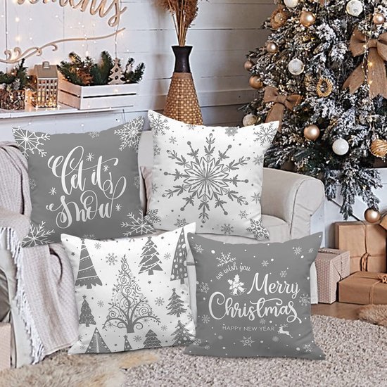 Unyqoos® Set van vier decoratieve kussenhoezen met sneeuwvlokkenmotief voor kerst