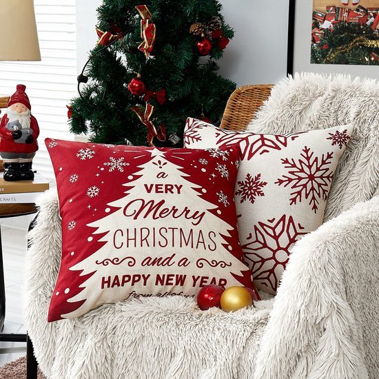 Unyqoos® Set van 4 rode kerstkussenhoezen met hertenpatroon voor feestelijke decoratie
