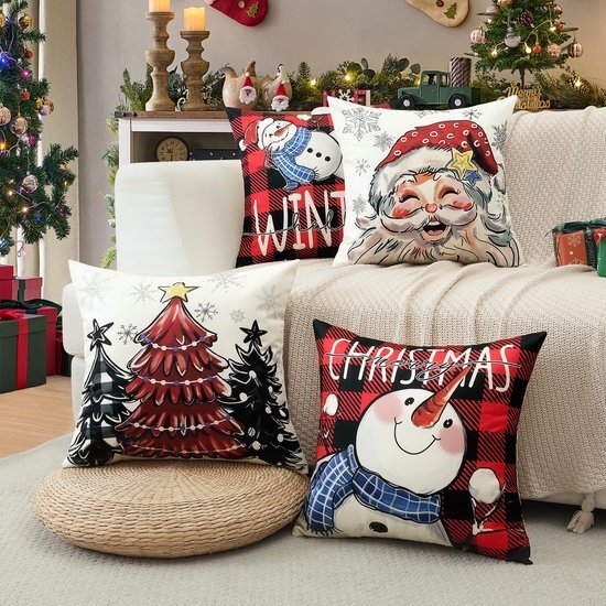 Unyqoos® Set van vier kerstkussenhoezen met feestelijke prints voor huisdecoratie