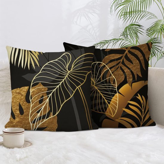 Unyqoos® Set van 4 decoratieve linnen kussenslopen met goudkleurig bloemenpatroon