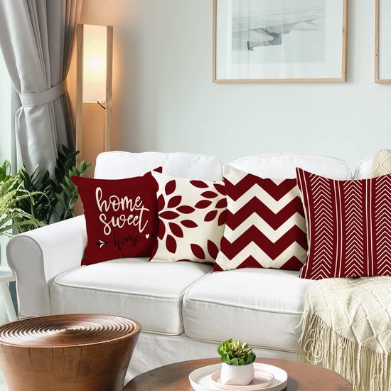 Unyqoos® Set van vier decoratieve kussenhoezen in bordeauxrood voor binnen en buiten