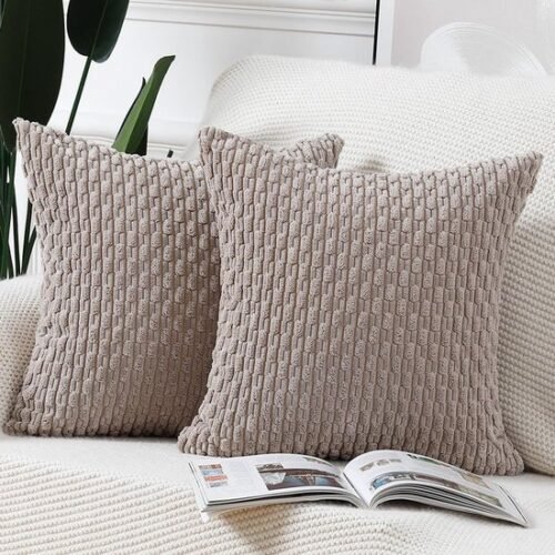 Unyqoos® Set van twee zachte gestreepte kussenhoezen in taupe voor een boho uitstraling
