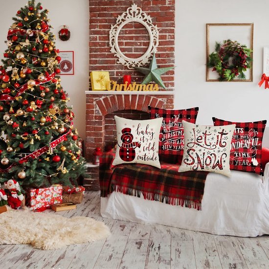 Unyqoos® Set van 4 decoratieve kerstkussenslopen met sneeuwpop en ruitpatroon