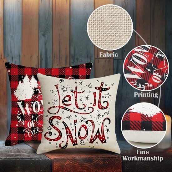Unyqoos® Set van 4 decoratieve kerstkussenslopen met sneeuwpop en ruitpatroon