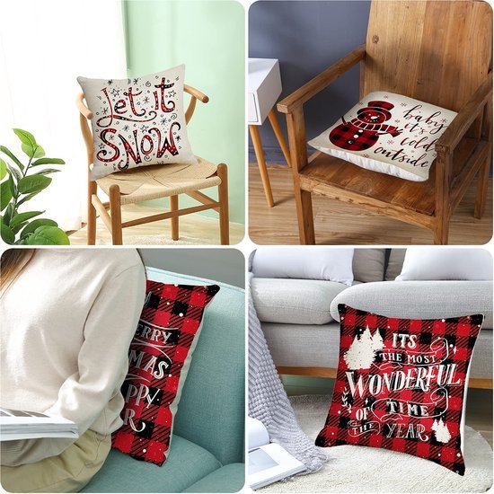 Unyqoos® Set van 4 decoratieve kerstkussenslopen met sneeuwpop en ruitpatroon
