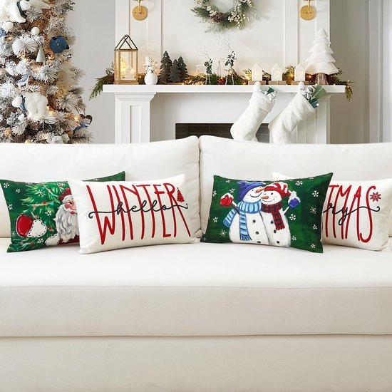 Unyqoos® Set van vier feestelijke kussenslopen met kerstman en sneeuwpop ontwerp