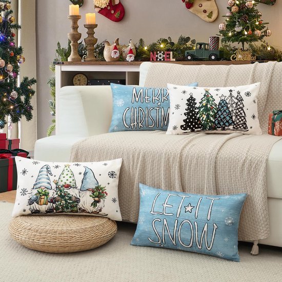Unyqoos® Set van 4 Kerst Kussenhoezen met Decoratieve Prints voor Huis en Bank