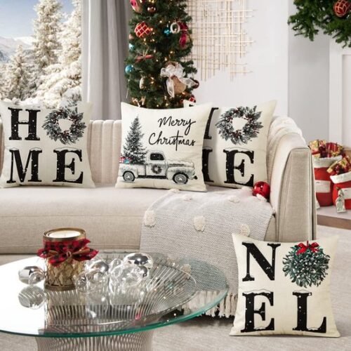 Unyqoos® Set van 4 decoratieve kussenhoezen met kerstthema voor huisdecoratie