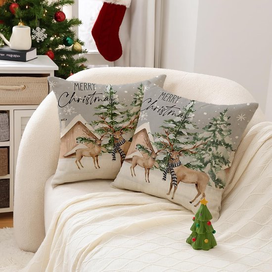 Unyqoos® Feestelijke grijze kussenslopen met eland en sneeuwvlok motief voor kerstdecoratie