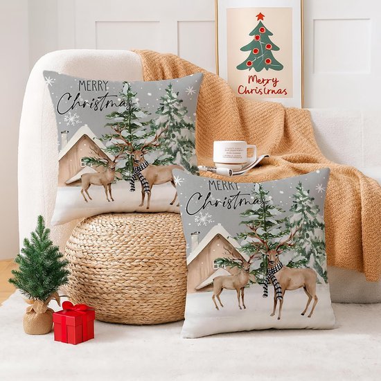 Unyqoos® Feestelijke grijze kussenslopen met eland en sneeuwvlok motief voor kerstdecoratie
