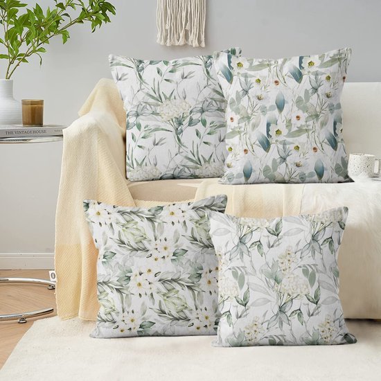 Unyqoos® Set van 4 decoratieve saliegroene kussenhoezen met bloemen en bladeren