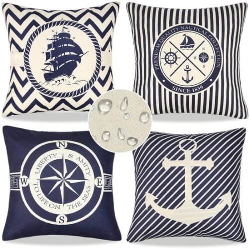 Unyqoos® Set van 4 waterdichte blauwe linnen kussenhoezen met oceaanprint