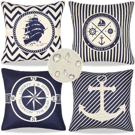 Unyqoos® Set van 4 waterdichte blauwe linnen kussenhoezen met oceaanprint