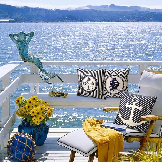 Unyqoos® Set van 4 waterdichte blauwe linnen kussenhoezen met oceaanprint