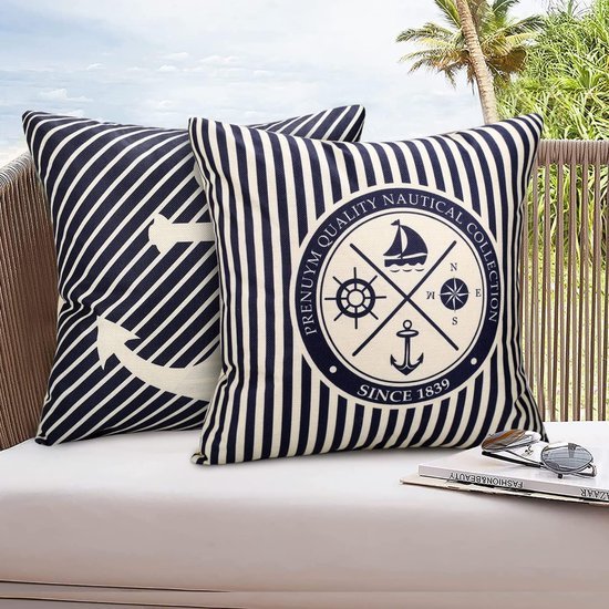 Unyqoos® Set van 4 waterdichte blauwe linnen kussenhoezen met oceaanprint