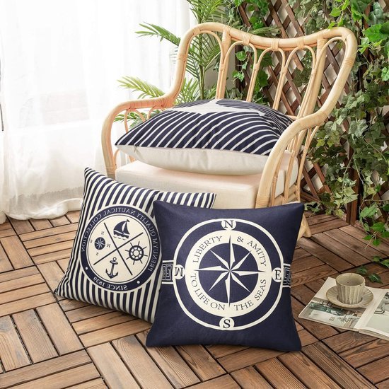 Unyqoos® Set van 4 waterdichte blauwe linnen kussenhoezen met oceaanprint