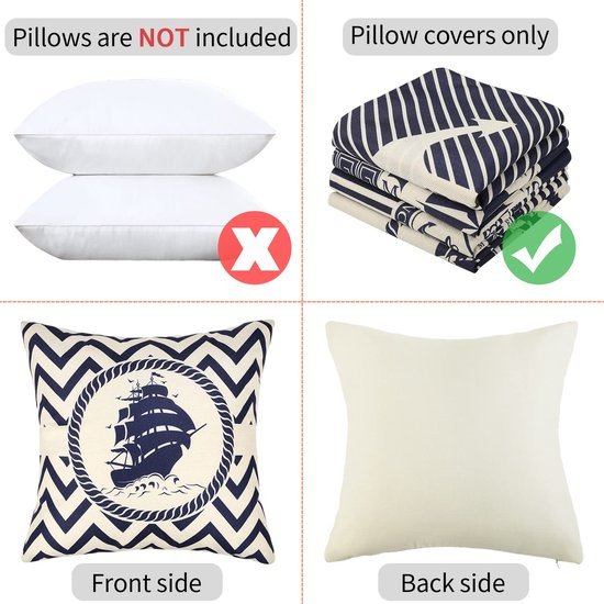 Unyqoos® Set van 4 waterdichte blauwe linnen kussenhoezen met oceaanprint