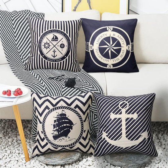 Unyqoos® Set van 4 waterdichte blauwe linnen kussenhoezen met oceaanprint