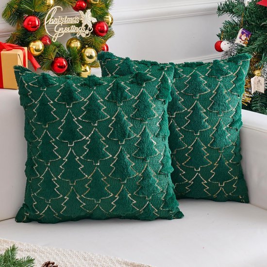 Unyqoos® Set van 2 fluwelen kerstkussenslopen met dennenbomenmotief voor winterdecoratie