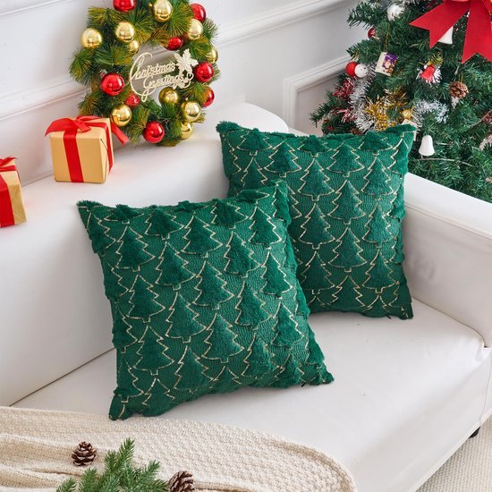 Unyqoos® Set van 2 fluwelen kerstkussenslopen met dennenbomenmotief voor winterdecoratie