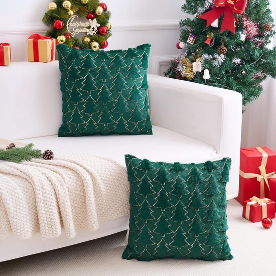 Unyqoos® Set van 2 fluwelen kerstkussenslopen met dennenbomenmotief voor winterdecoratie