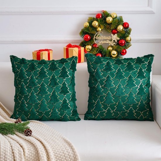 Unyqoos® Set van 2 fluwelen kerstkussenslopen met dennenbomenmotief voor winterdecoratie