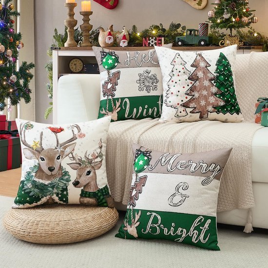 Unyqoos® Set van 4 decoratieve kussenhoezen met kerstthema voor bank en slaapkamer