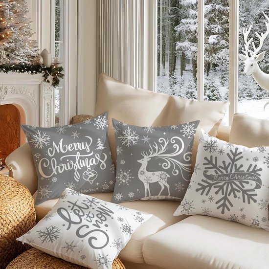 Unyqoos® Set van 4 decoratieve kerstkussenhoezen met sneeuwvlokken en elandmotief