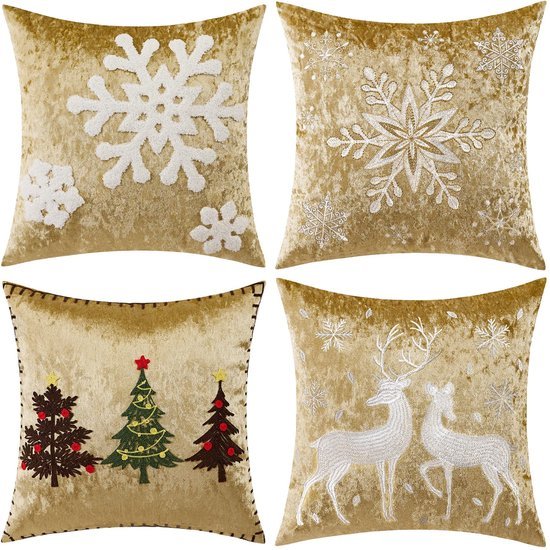 Unyqoos® Set van vier fluwelen kerstkussenhoezen voor sfeervolle decoratie