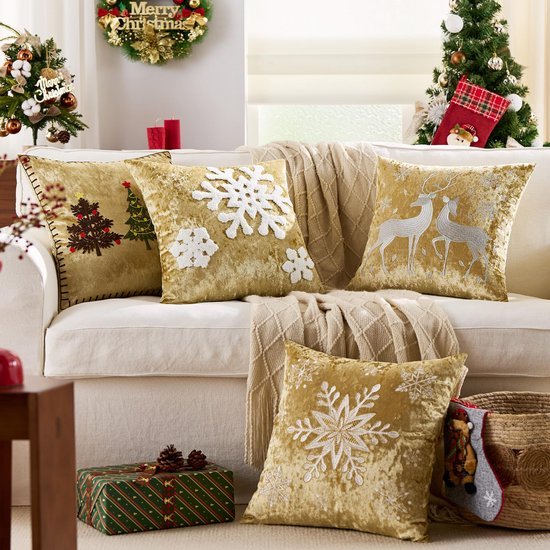 Unyqoos® Set van vier fluwelen kerstkussenhoezen voor sfeervolle decoratie