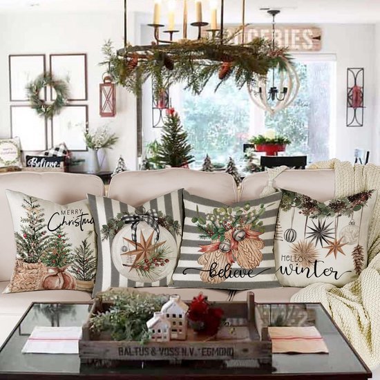 Unyqoos® Set van 4 linnen kussenslopen voor feestelijke kerstdecoratie in huis