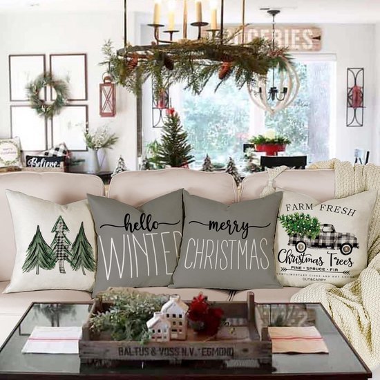 Unyqoos® Set van 4 decoratieve kerstkussenslopen met dennenmotief voor huisdecoratie