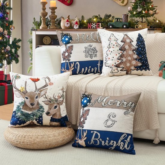 Unyqoos® Set van vier decoratieve kussenhoezen met kerstthema voor sfeervolle inrichting
