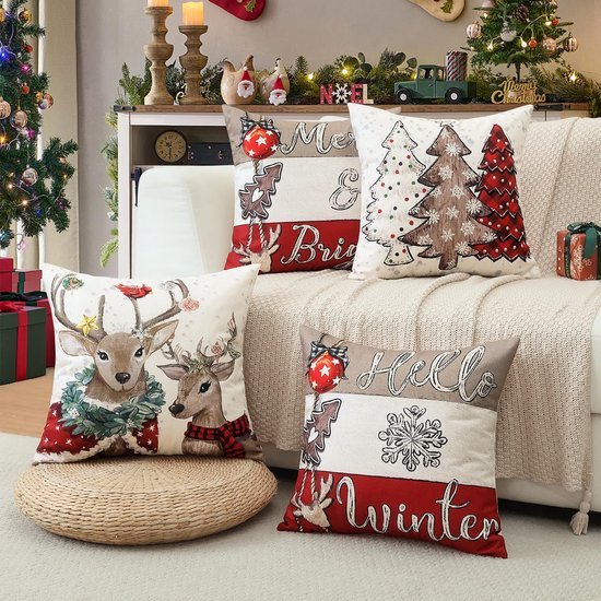 Unyqoos® Set van Vier Decoratieve Kussenhoezen met Kerstthema voor een Feestelijke Woonkamer