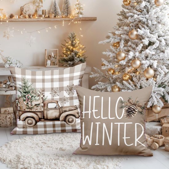 Unyqoos® Set van 4 Kerstkussenhoezen met Tartan en Kerstmotieven voor Sfeervolle Decoratie