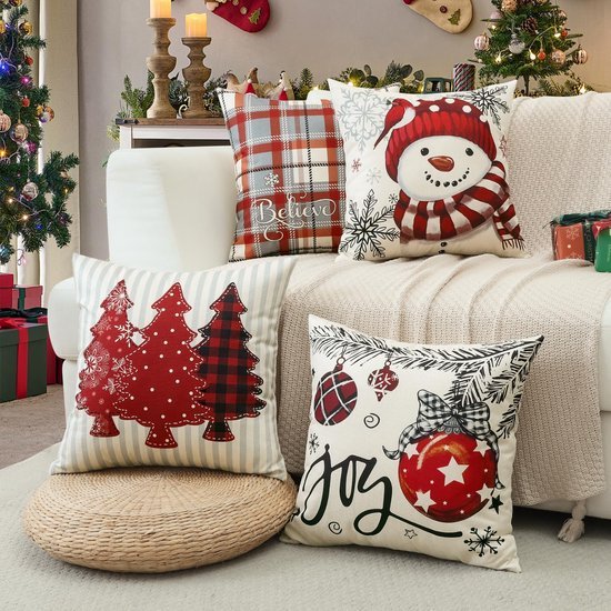 Unyqoos® Set van 4 decoratieve kerst kussenhoezen van linnenstof voor woonkamer