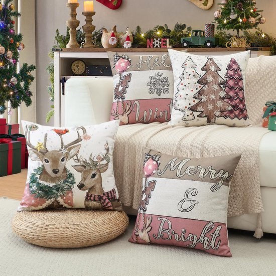 Unyqoos® Set van vier kerstkussenhoezen met decoratieve patronen voor woonkamer en slaapkamer