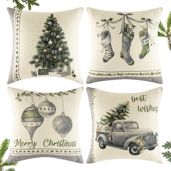 Unyqoos® Set van 4 decoratieve kussenslopen met kerstmotieven voor sfeervolle inrichting