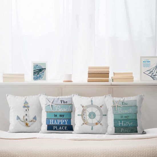 Unyqoos® Set van 4 decoratieve kussenslopen met maritieme prints voor bank of bed