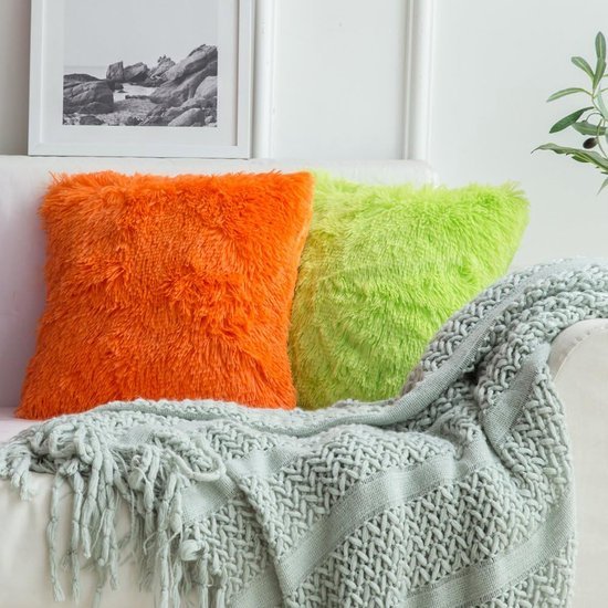 Set van 2 kussenhoezen, kunstbont, decoratief, knuffelbaar, voor bankkussen, pluche kussen, knuffelbaar bankkussen, super zacht, pluizige kussenhoezen voor bank, 45x45 cm, oranje.