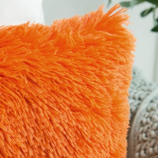 Set van 2 kussenhoezen, kunstbont, decoratief, knuffelbaar, voor bankkussen, pluche kussen, knuffelbaar bankkussen, super zacht, pluizige kussenhoezen voor bank, 45x45 cm, oranje.